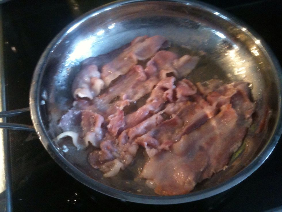 While the spuds are boiling, cook the bacon until done. Not too crispy.
