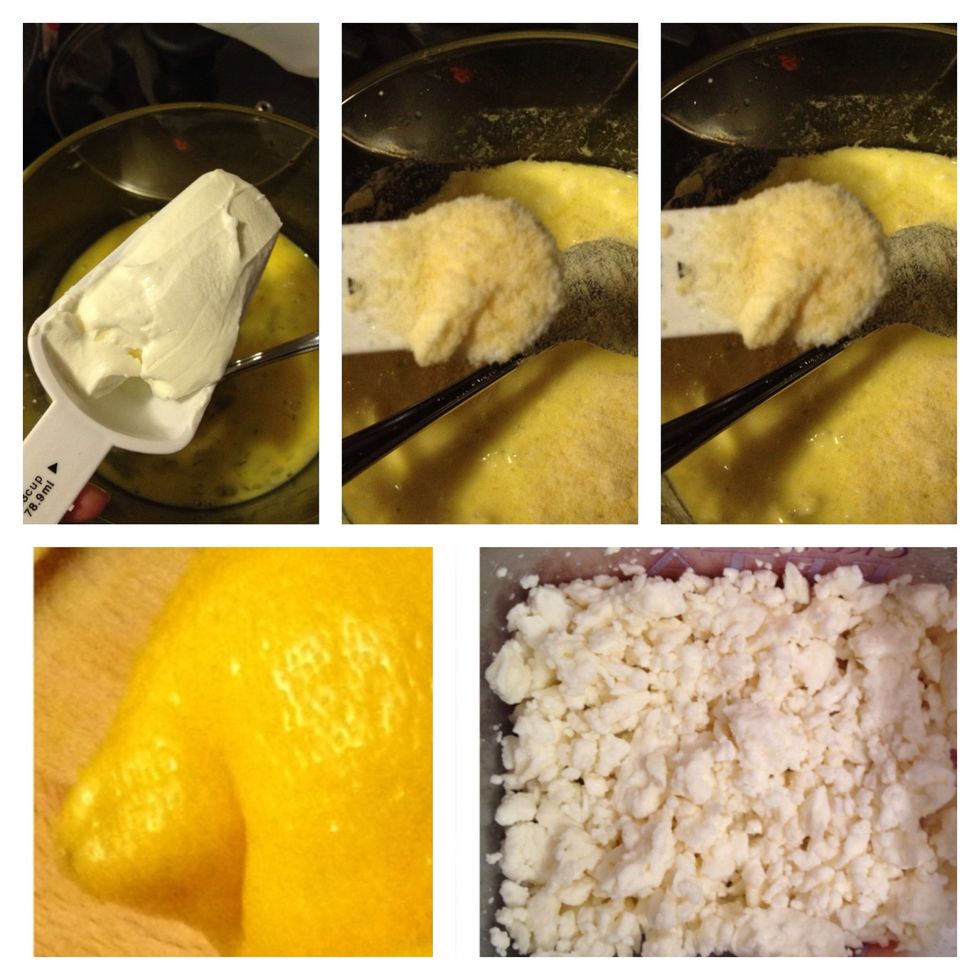 While the squash cooks, beat the eggs and then stir in the 1/3 c light sour cream, 1/3 c crumbled feta, 2 t parmesan, and 1 t lemon.