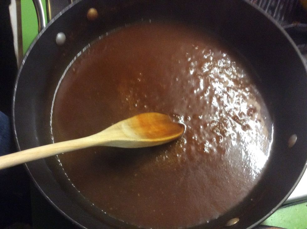 While the steaks are resting add the stock, sauce and garlic to the pan and stir for eight minutes or until thickened