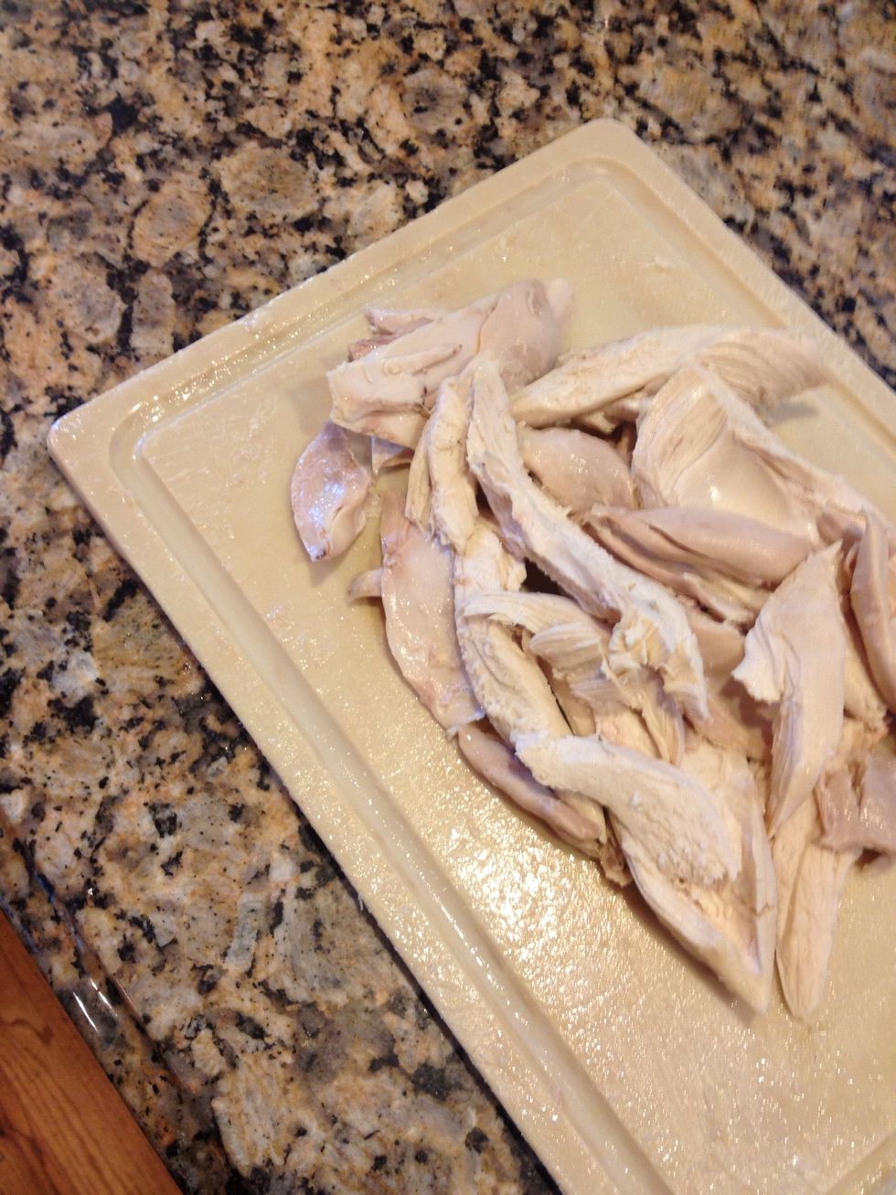 While the stock and veggies are simmering, take your and debone. Place chicken on cutting board and chop