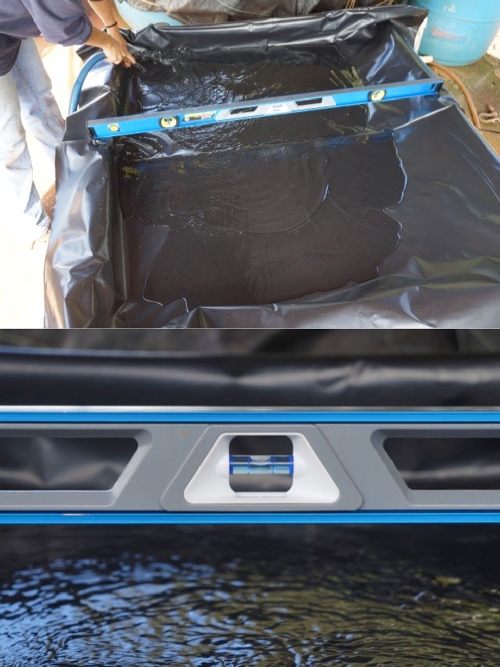 While the tank is filling, ensure that the frame is level. If unleveled use shims to level the tank. Also, press plastic liner in the corners of the tank. Mix in fertilizer based on labeled rates.