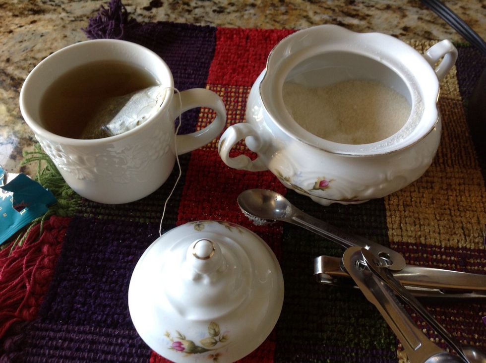 While the tea is steeping, add your sugar. I used six teaspoons of sugar as I like my tea very sweet. Add less sugar if you don't want it to be sweet, but remember that you will be adding lime juice!