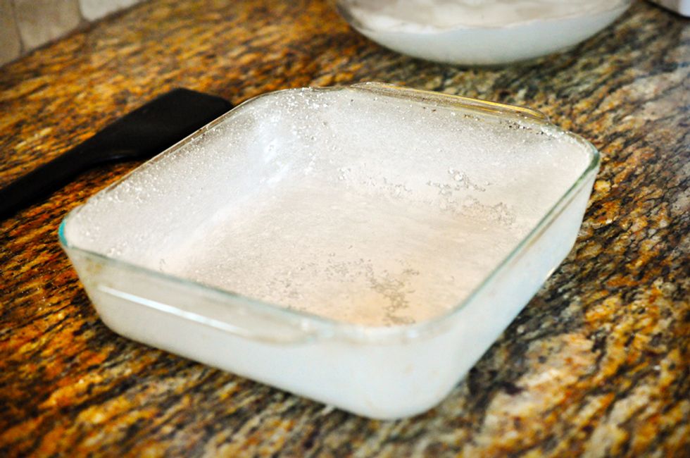 While the tea steeps, butter an 8x8" pan and dust it with icing sugar.