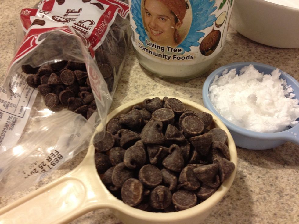 While the truffles are firming up in the fridge- get your chocolate chips and (optional) coconut oil. Put them in a microwave safe dish. Microwave them until very melted.