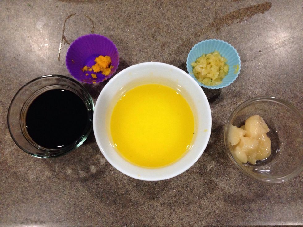While the veggies are cooking, whisk together orange juice, zest, honey, garlic, and soy sauce & set aside. I nuked the honey for 10 seconds to liquefy.