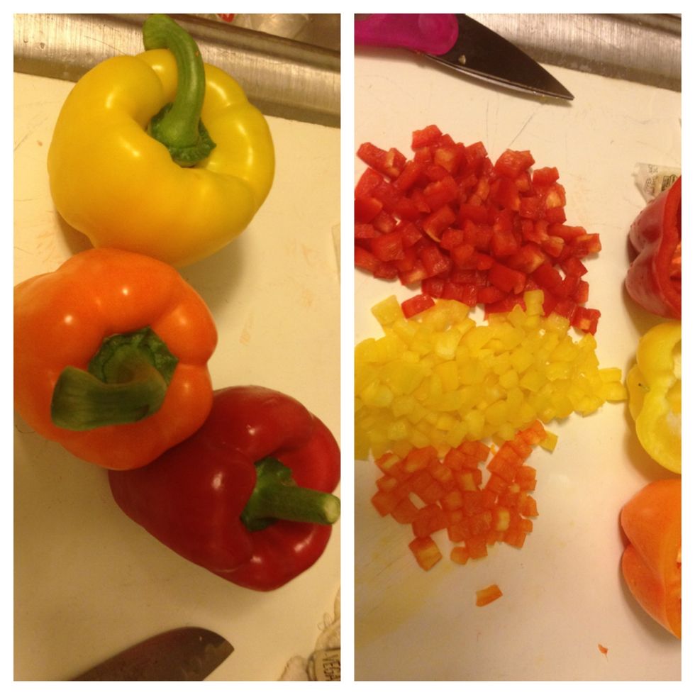 While the water is boiling and the pasta is cooking chop the three peppers. Chop them as fine or thick as you like, I love a pepper in every bite so I chopped mine up medium size