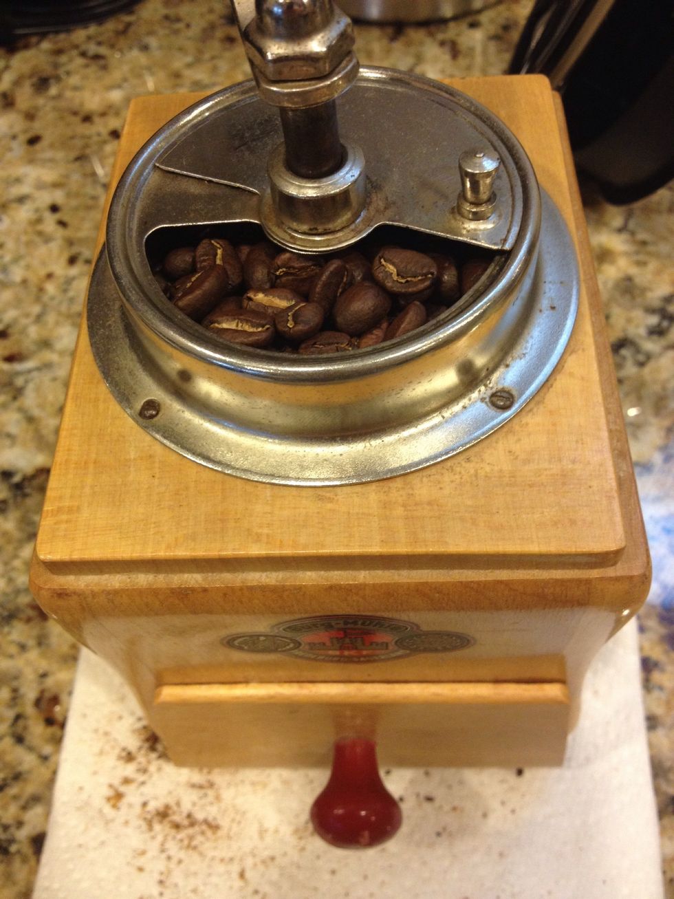 While the water is boiling, grind your coffee. For 50 ounces of water, I used 70 grams of coffee for the Stumptown Hair Bender roast.