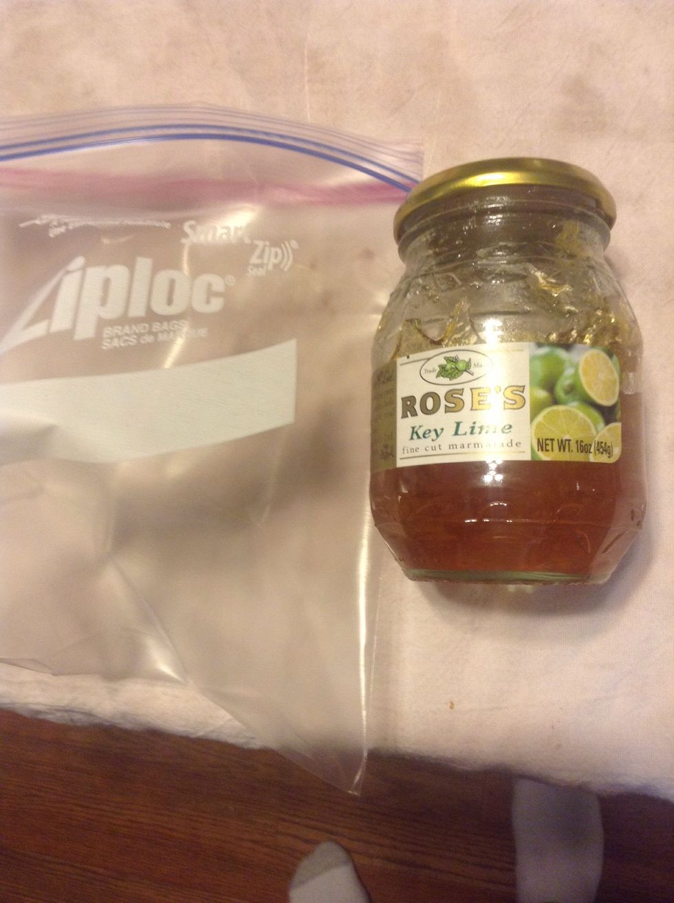 While they cool, you can now prepare your filling. I am using a key lime marmalade. I am taking the easy way out and putting it into a zip bag to fill!