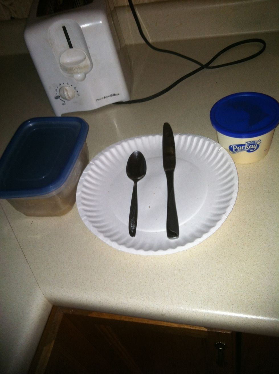 While waiting for it to cook, you can get out your supplies, such as spoon, knife, plate, butter,and cinnamon