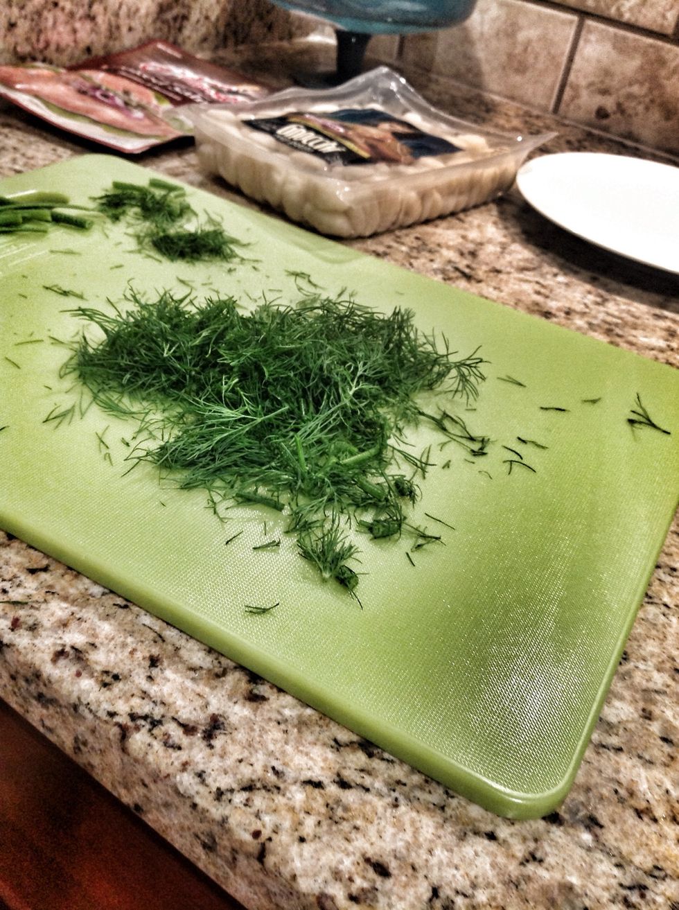 While water is boiling chop up the dill to your liking. I like mine with less stems and chopped finely.