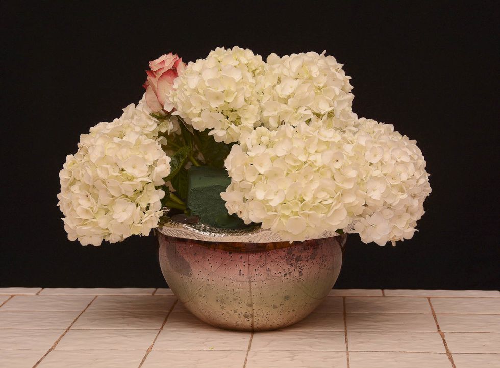 While we could add one more hydrangea into the front left, let'd deliberately leave a gap which we can start to fill in with some roses...