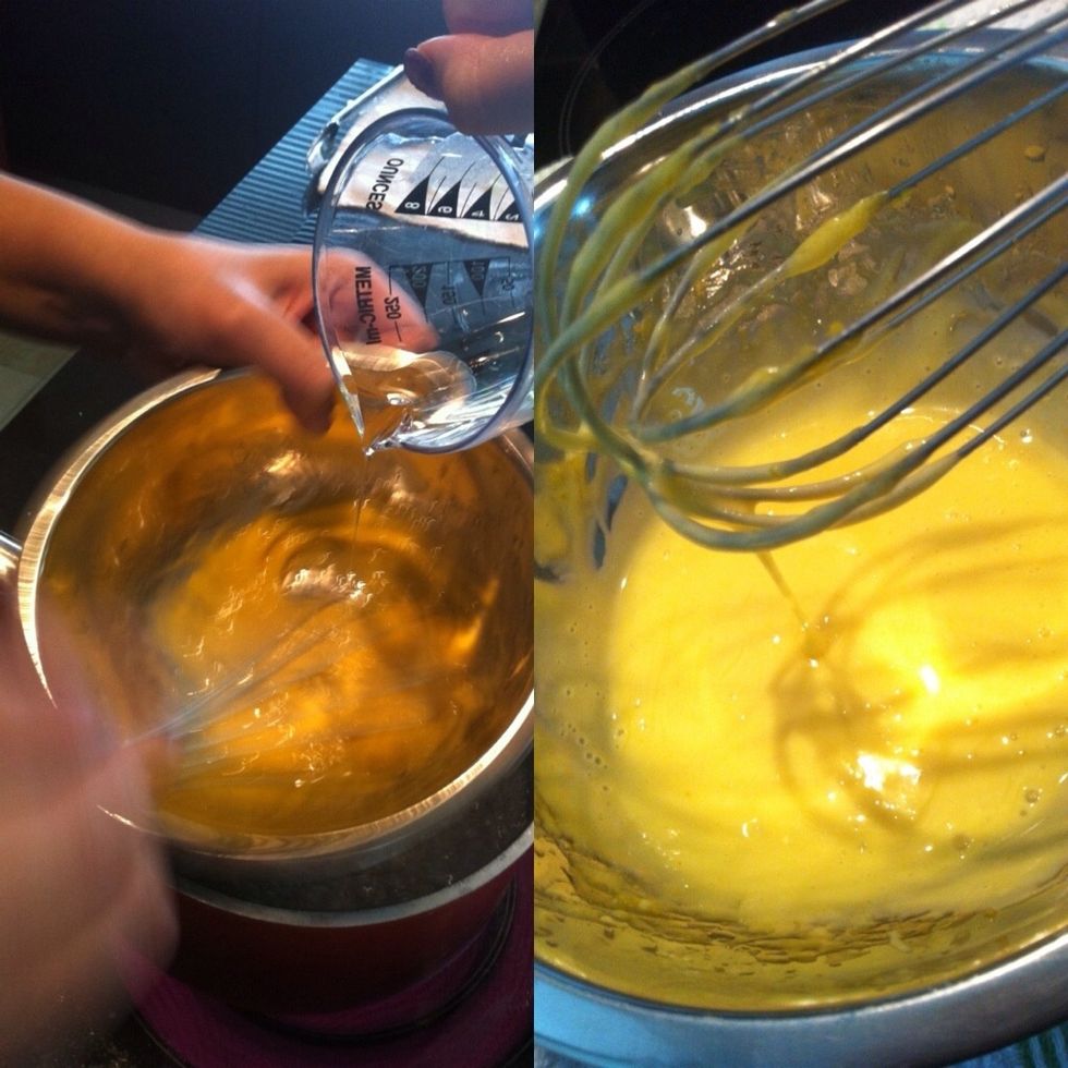 While Whisking the egg yolk slowly pour olive oil don't stop whisking until its start to thicken