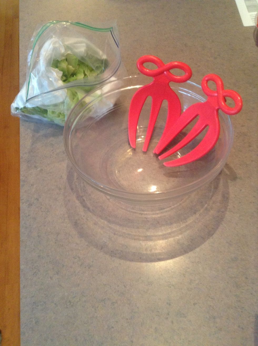 While you chicken is in the microwave cooking take out a good sized bowl and lettuce and BBQ sauce. For the next step get out a fork or salad mixers