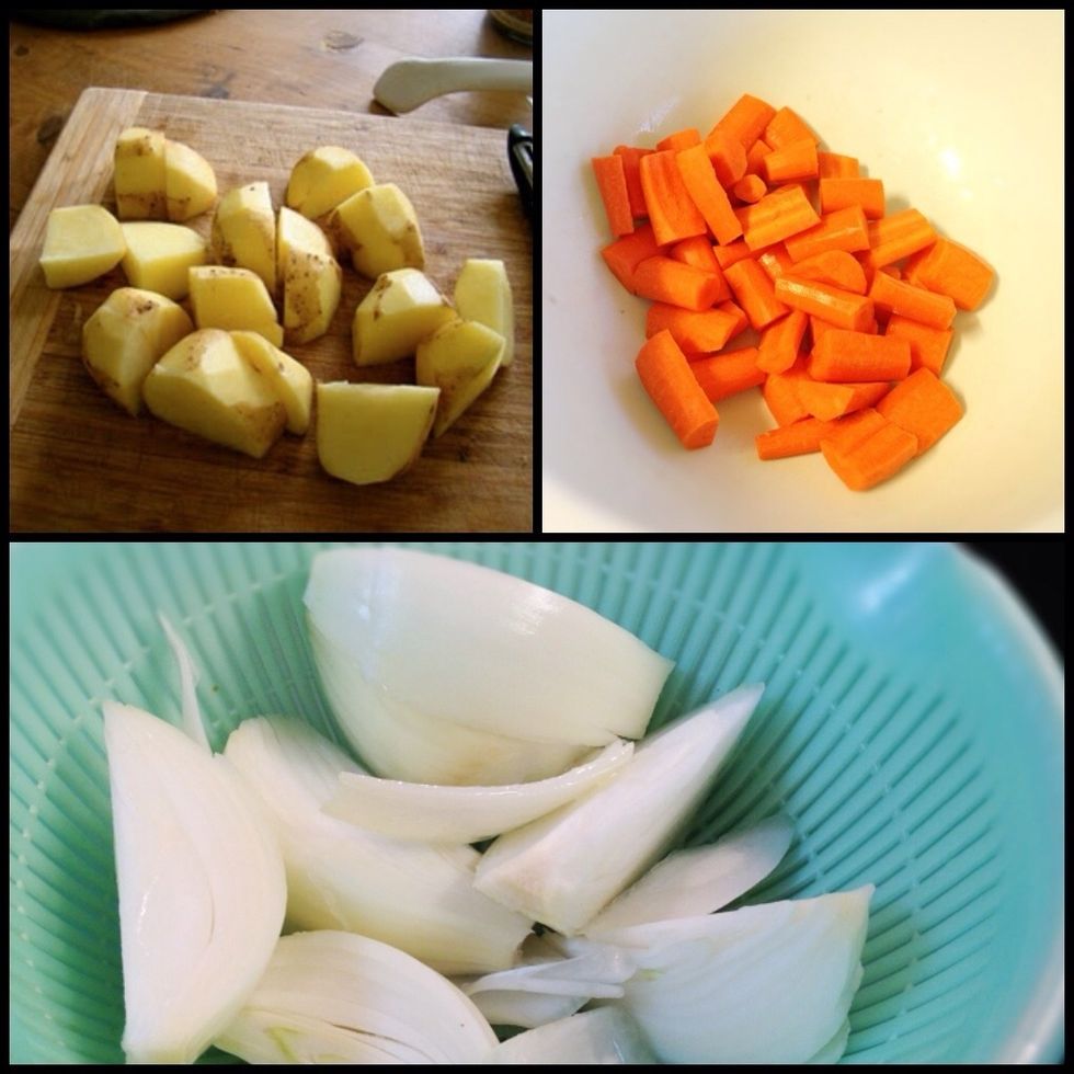 While you're waiting for the chicken to marinate, chop carrots, onions, and potatoes