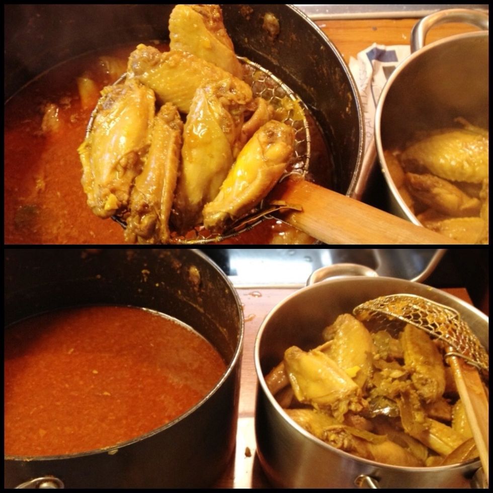 While you're waiting for the onions/potatoes to deep fry, separate the chicken from the curry to prevent the meat from falling off the bones