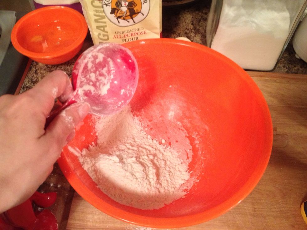 While you wait for the oven to heat up and the banana cream to cool, work on the chocolate crumb for the crust. Add 2/3 cup all-purpose flour.