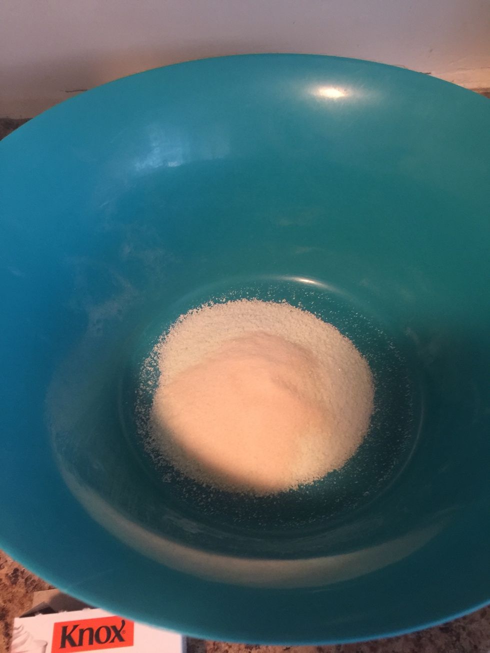 While your 1 cup of water is boiling, put the flavored gelatin packet you will be using in a mixing bowl along with the 1 packet of Knox gelatin(unflavored)