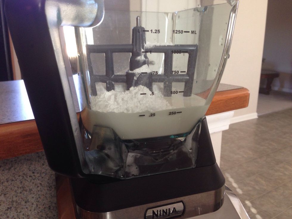 While your cake is baking, let's work on the whip topping. Mix together 1 cup of heavy whipping cream, and 1 cup of powder sugar. You can also use a hand mixer.