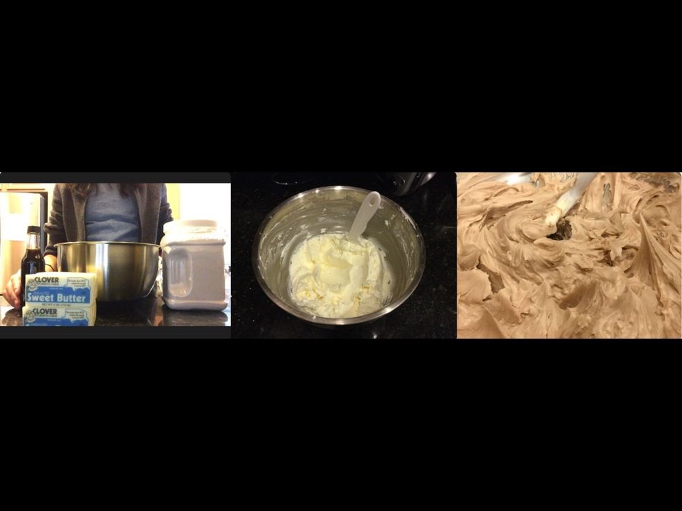 While your cake is busy cooling, it's a great time to whip up your buttercream frosting using a hand mixer until its creamy and smooth. Cream the butter first, then add the rest.