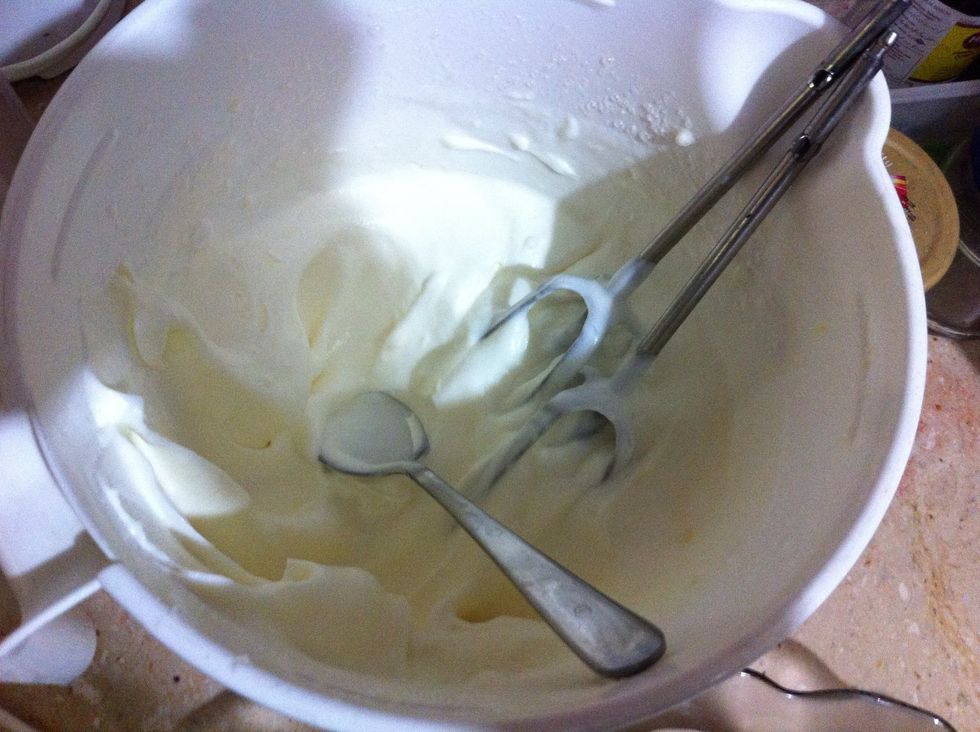 While your dish with cookie base layer is cooling in fridge, whip up the cream powder with some milk. Add cream cheese. I got dream whip by kraft. It whips up real good