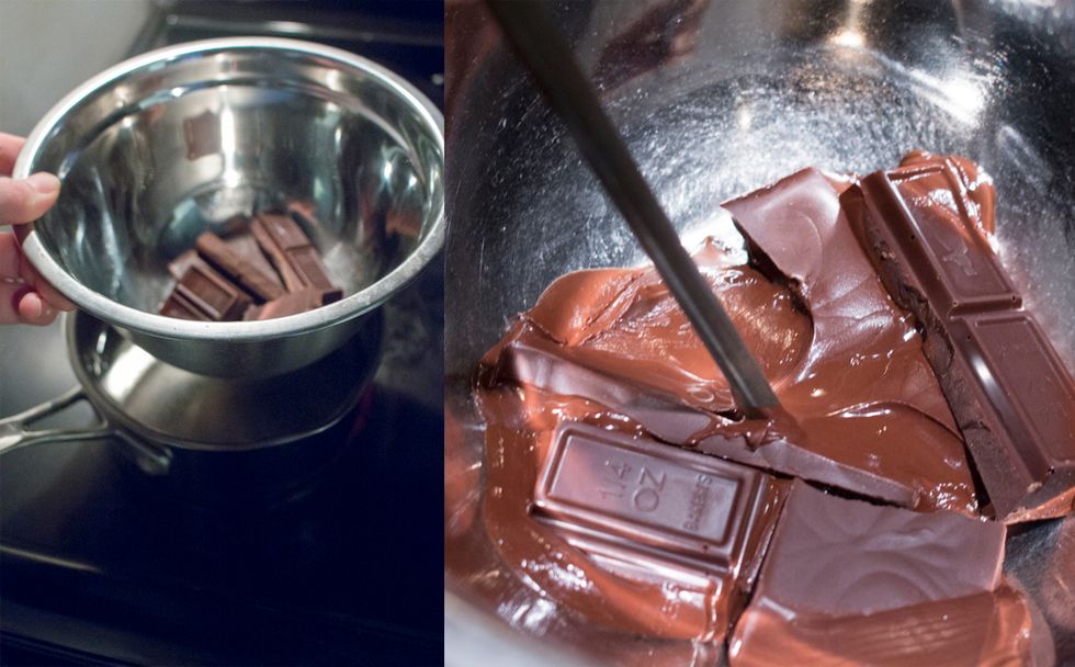 While your marshmallows are cookie, we are going to melt our chocolate in a double boiler. Boil some water under medium heat, and place chocolate in bowl above. Mix as it melts.