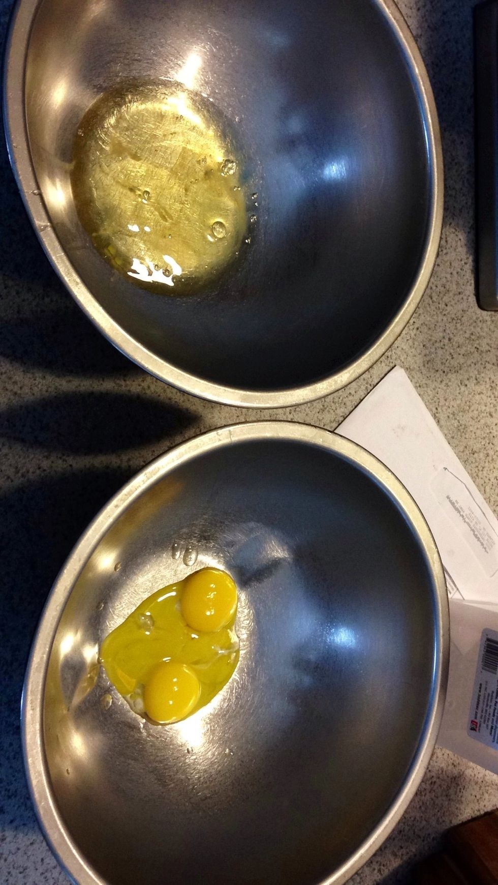While your pie crust is cooking. Separate your egg yolks from the egg whites, lightly beat the egg yolks.