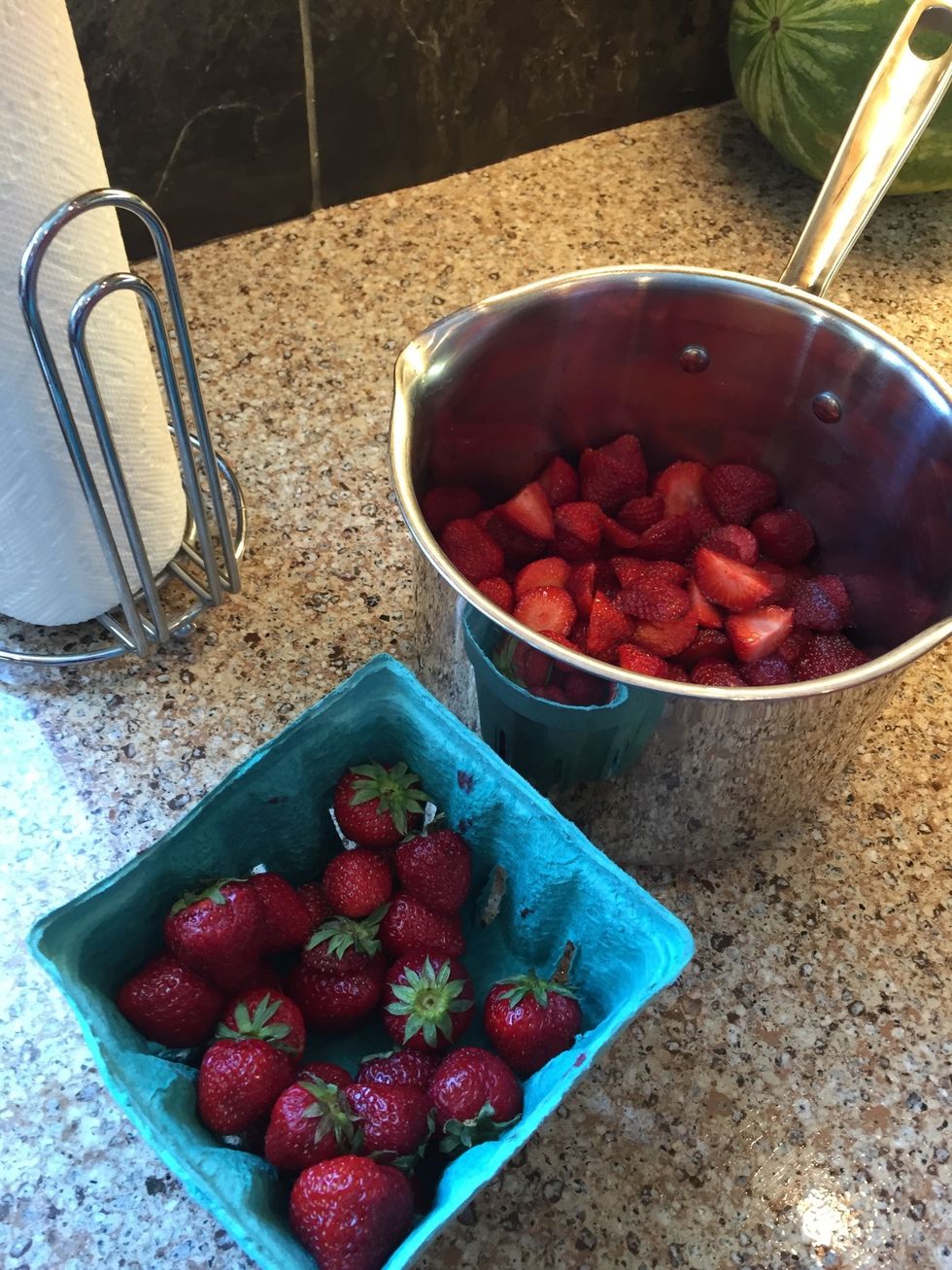 While your pie is getting frozen, make a strawberry topping. Some strawberries, I used a pint