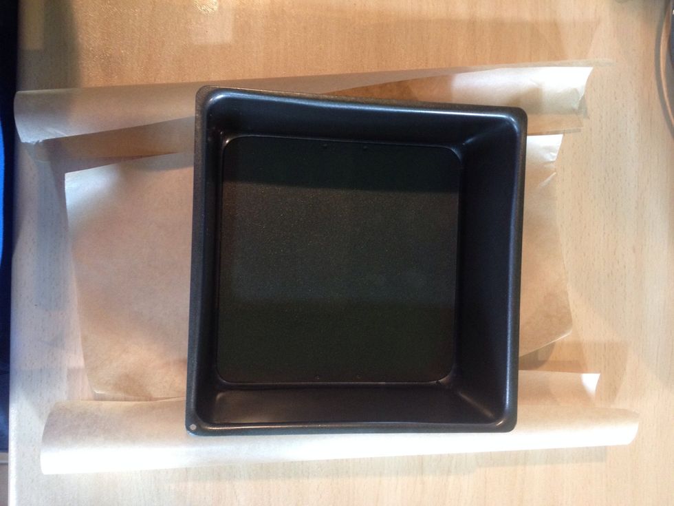 Whilst the mix cools, line your tin. I place a square piece of parchment under mine, and cut straight up from the corners.