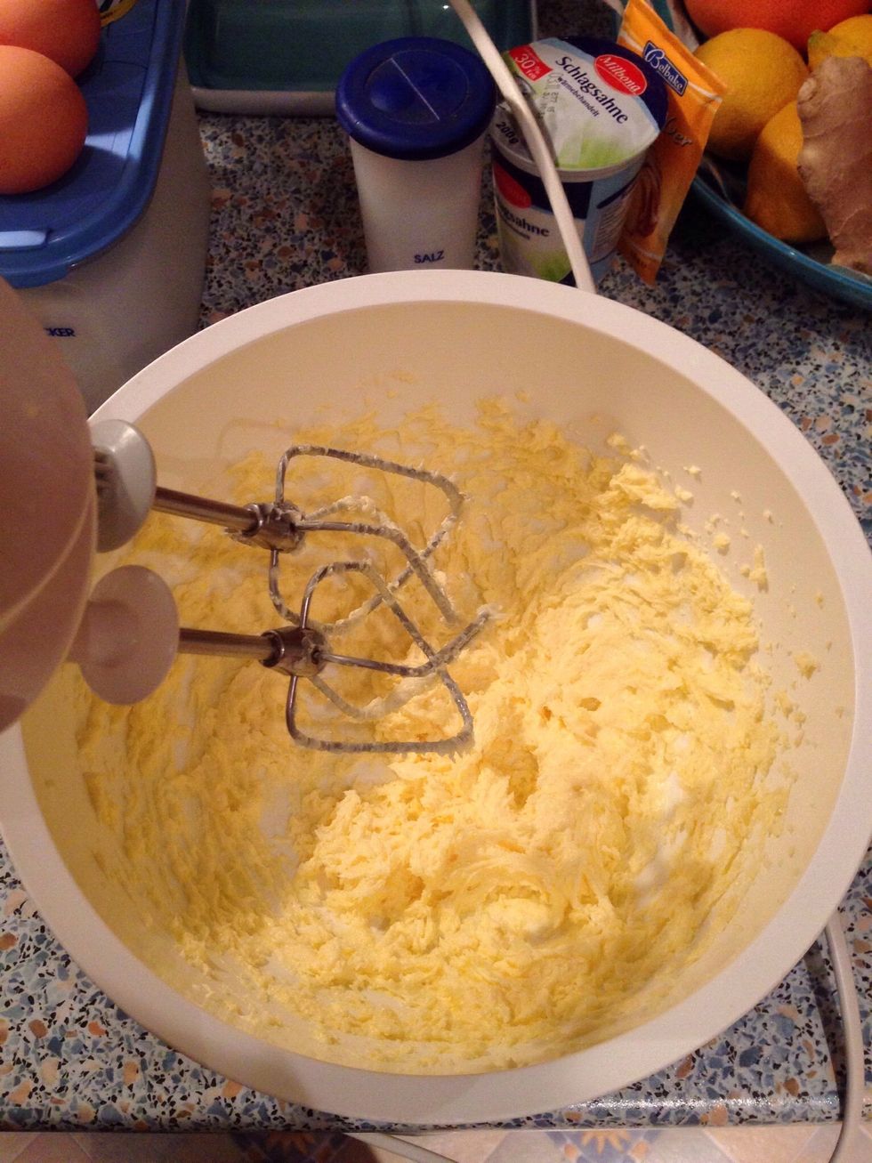 Whip butter and sugar together.