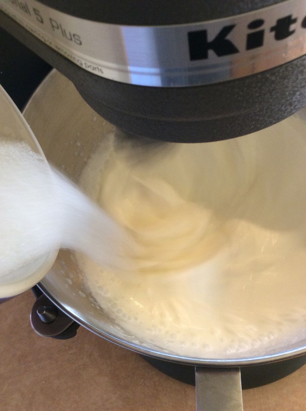 Whip on medium high and gradually add the 2nd batch of sugar (3/4 cup) until stiff peaks form ...
