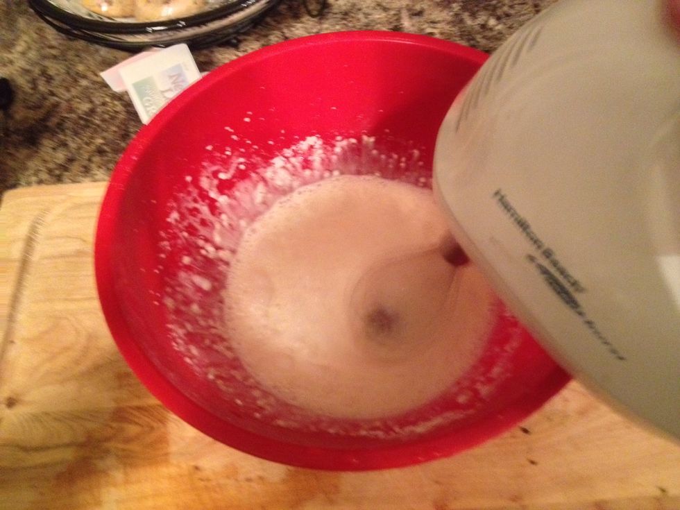 Whip the cream and sugar with a whisk. I am using a hand mixer, but have on many occasions whipped by hand so the electric mixer is not necessary (just faster!).