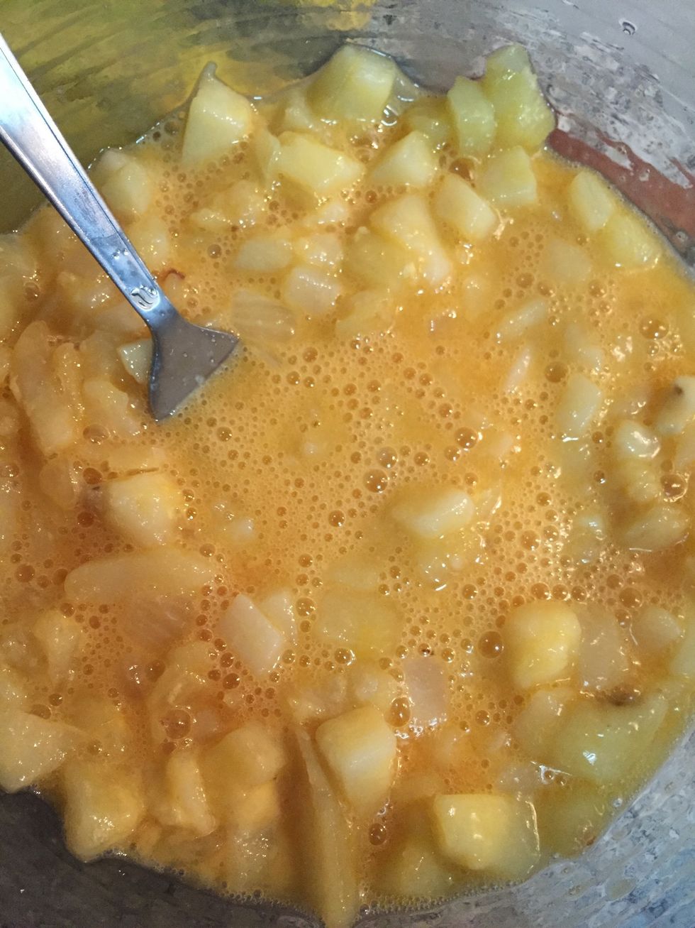 Whip the eggs and mix them with the fried potatoes and the salt. \u26a0\ufe0fIMPORTANT\u26a0\ufe0f: potatoes are fried a bit - as necessary so that it isn't crude- they are not browning.