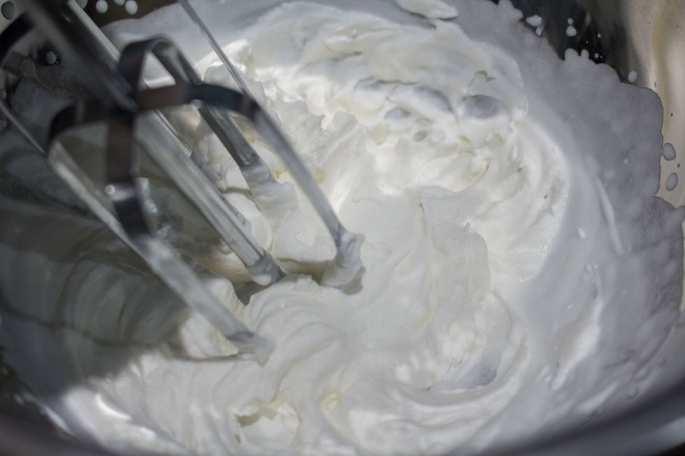 Whip until you get nice medium peaks, DO NOT overwhip as this will separate the elements of the whipping cream.