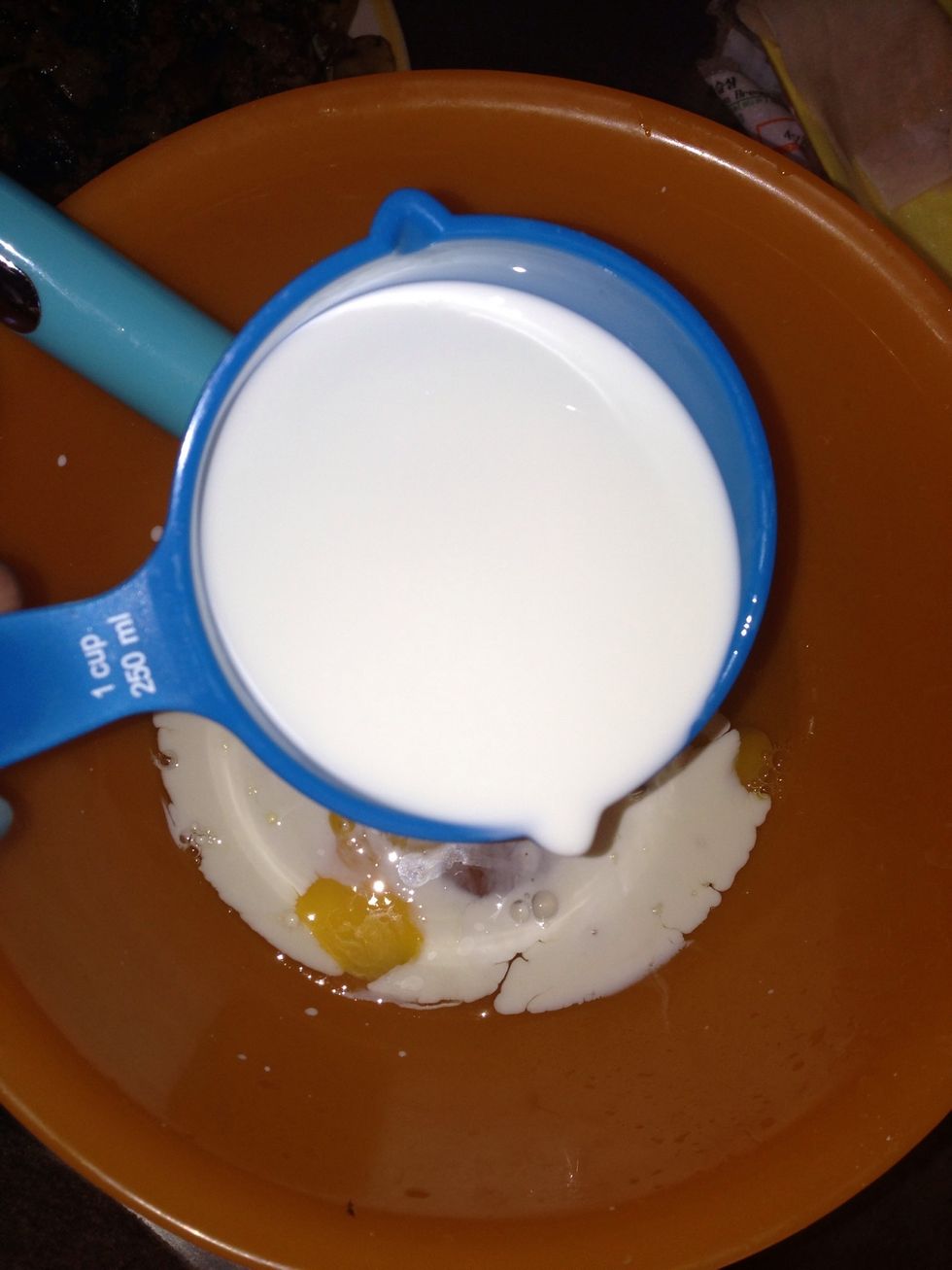Whisk 4 eggs, half& half, half teaspoon of salt and pepper in large bowl.