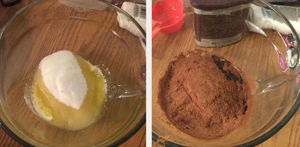 Whisk cocoa and sugar into the glass bowl with the melted butter