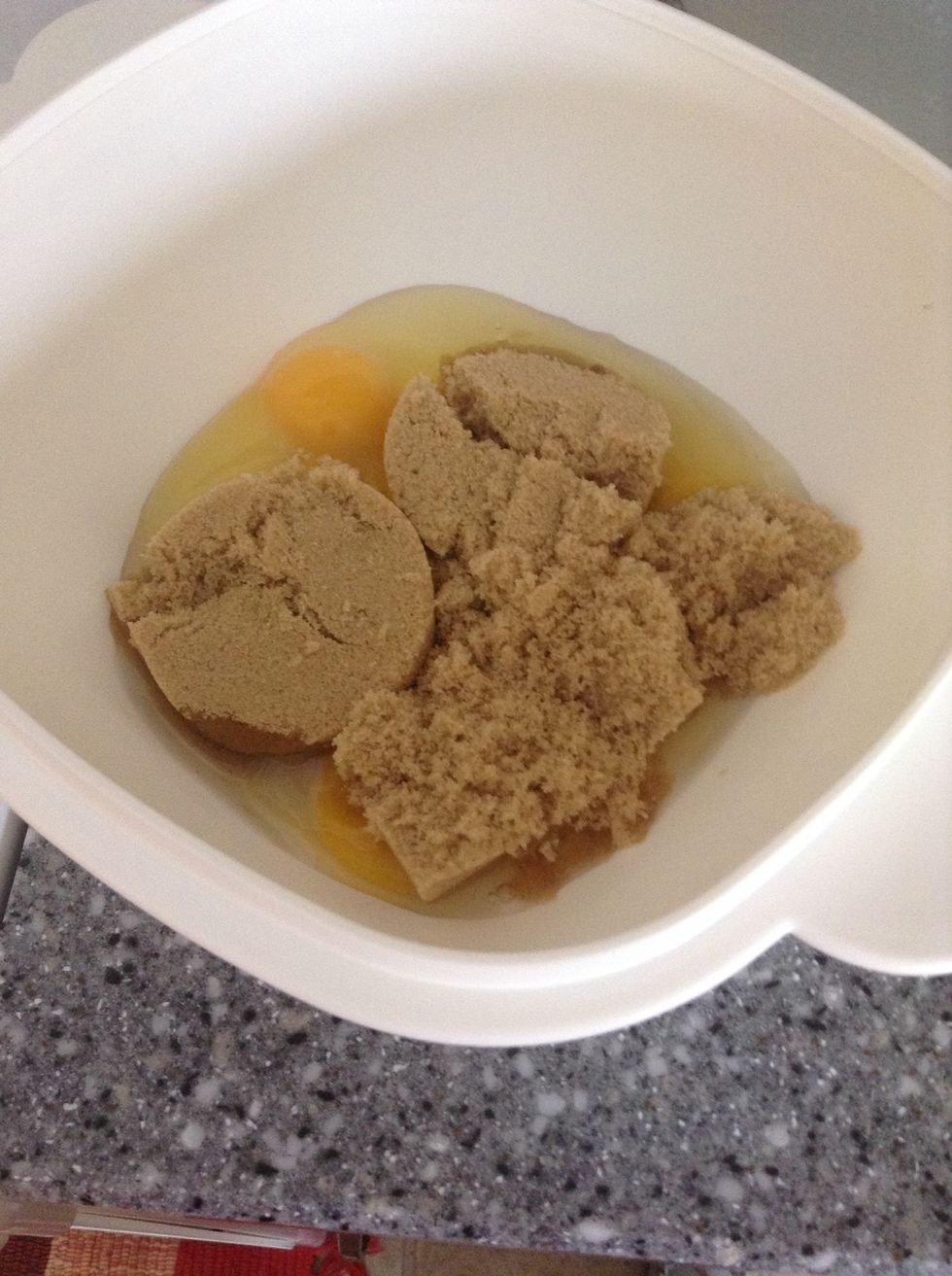Whisk eggs and brown sugar in one bowl.