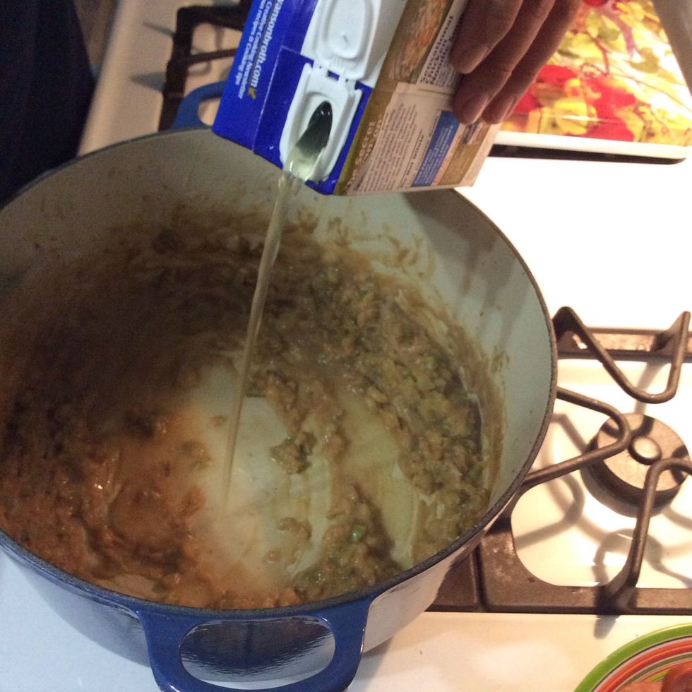 Whisk in slowly the vegetable stock, make sure to incorporate everything with no lumps...