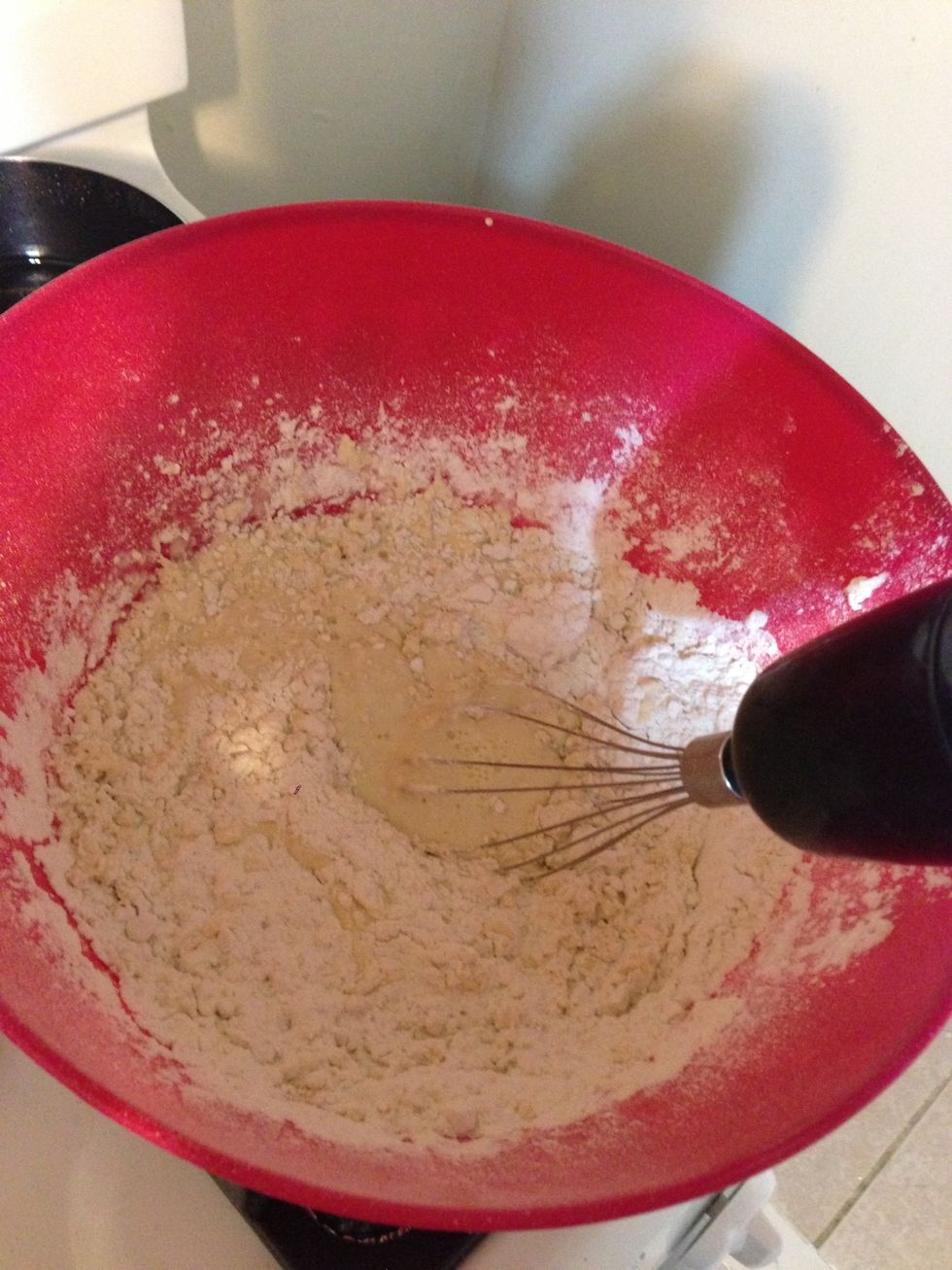 Whisk or use a spoon to mix the flour and other ingredients together. If too thick add more milk, if too watery add more flour. It should look similar to pancake batter.