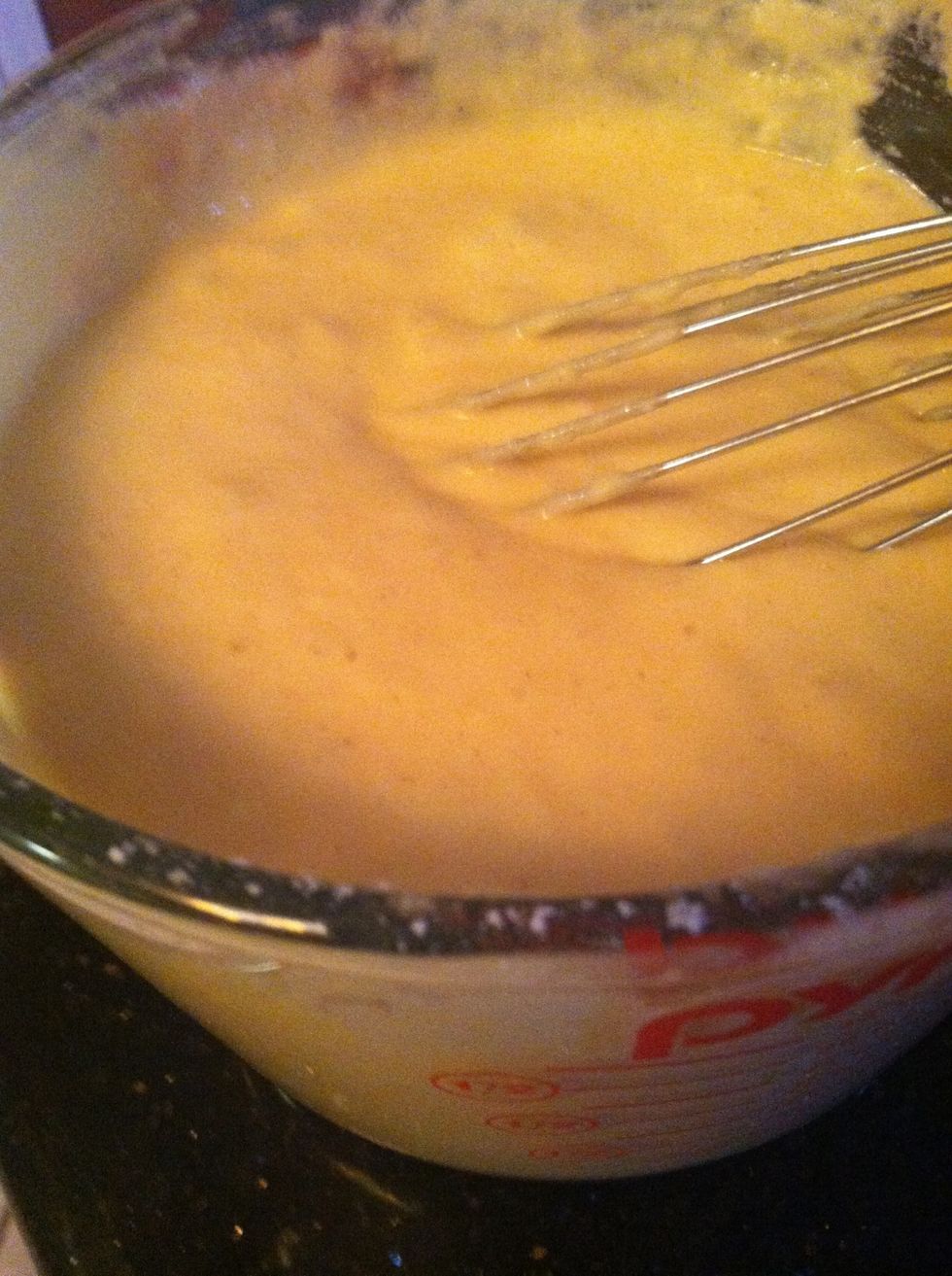 Whisk quickly and when baking soda action takes place, all bubbly, you are ready to make pancakes.