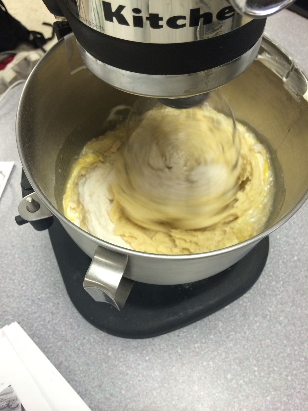 Whisk the ingredients in the bowl on a medium to high speed until everything is mixed together and you cannot see any individual ingredients (ex. flour on the side or bottom of the bowl).