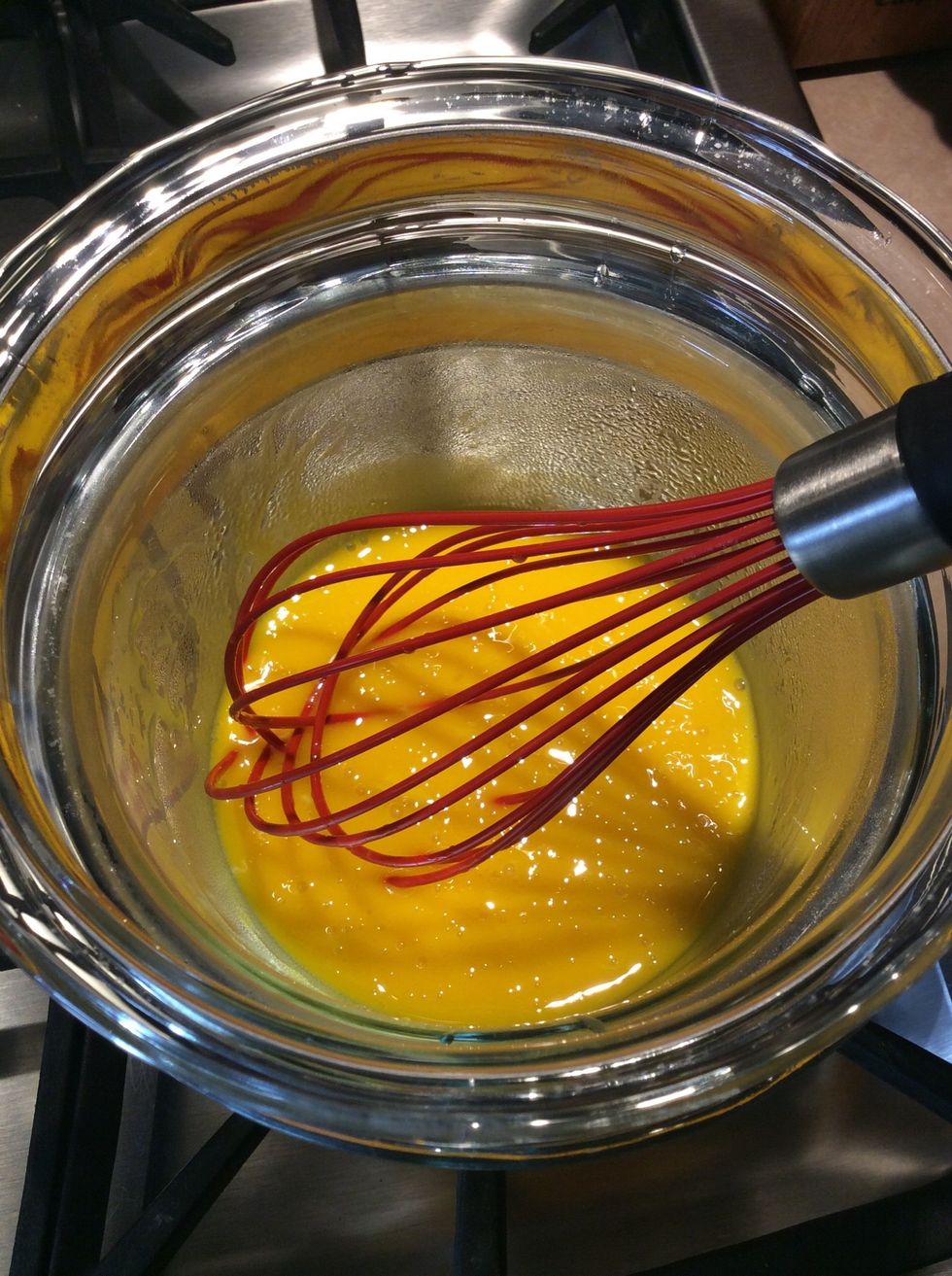 Whisk thoroughly. It is important to stir through this entire process, again, you don't want the eggs to to become scrambled.