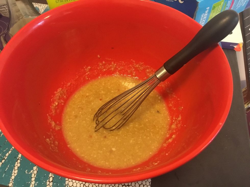 Whisk together:  - 6 cloves of garlic, minced - 2 stalks of lemongrass, minced - 2 teaspoons of fish sauce - 2 teaspoons of sugar. I added some chilli, add to preference.