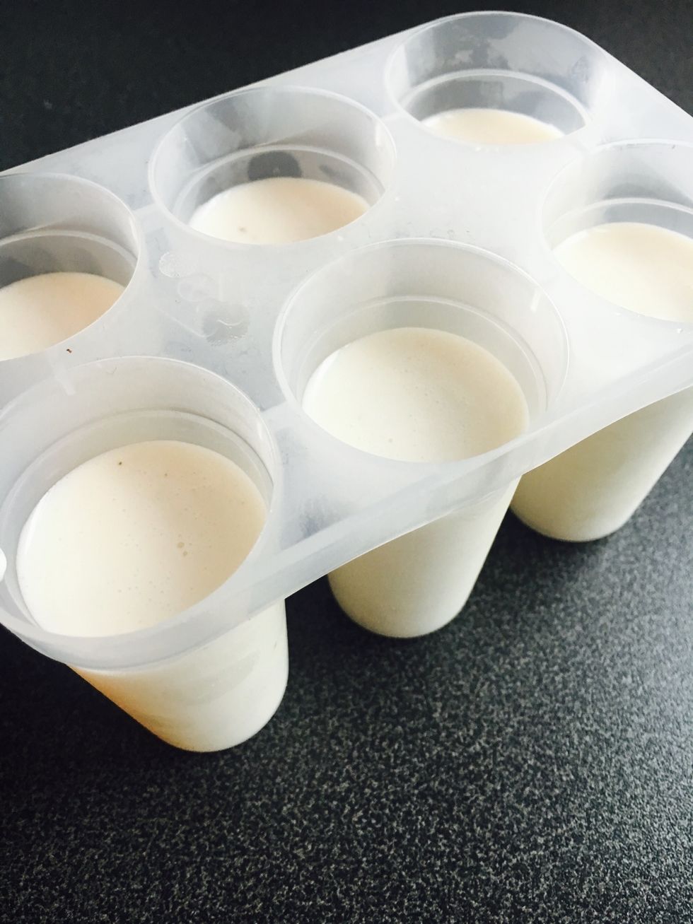 Whisk together coconut milk, vanilla bean paste and the rest of the agave. Add to popsicle molds (leave a little room on the top for the blueberry chia jam). Freeze for 10 mins.