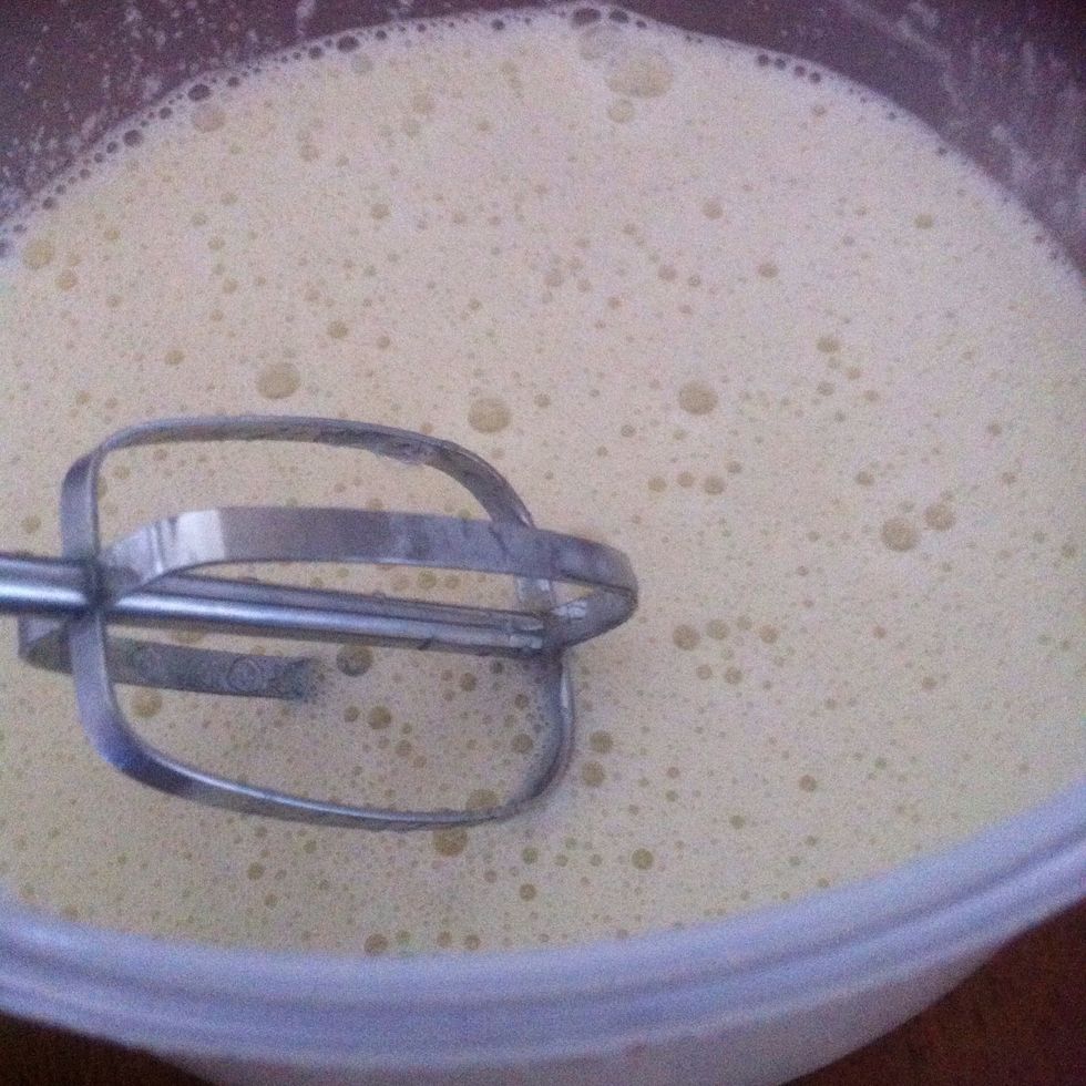 Whisk together: eggs, vanilla, salt and sugar for two minutes.