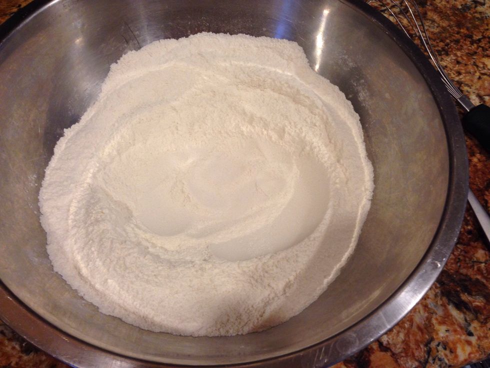 Whisk together flour, baking powder, sugar, gelatin and salt in a large bowl and make a well in the middle.