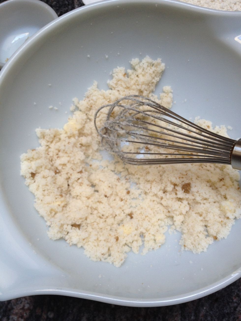 Whisk together: sugar, brown sugar, and butter (helps if you soften butter in the microwav)