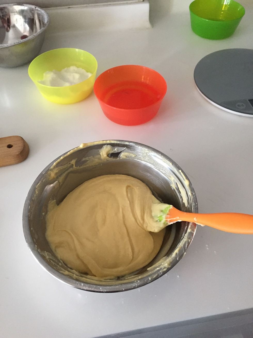 Whisk until smooth use rubber spatula to fold and check around the edges to make sure no more flour pocket is left in the batter.