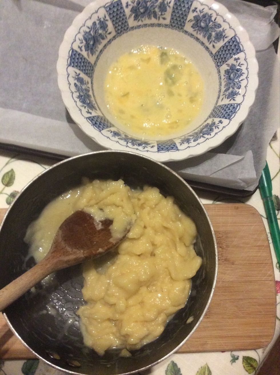 Whisk your eggs then add them slowly to the mixture