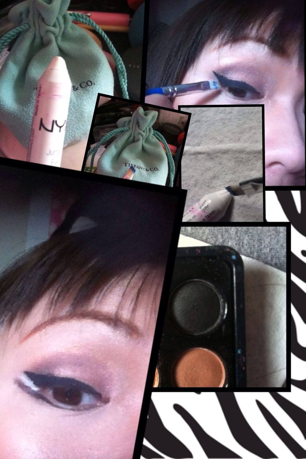 White Liner?. Use an angle eye liner brush and brush some from your white liner pencil. then add it just under the black winged lined eyes. Use black shadow for the 3/4 part of bottom lashes.