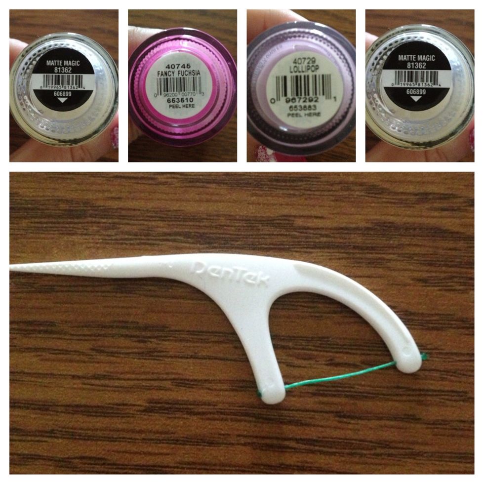 White nail polish is made by Sinful Colors, pink and purple are made by Orly and Matte top coat is china glaze. You can get flossers from drugstores like rite aid, cvs, etc.